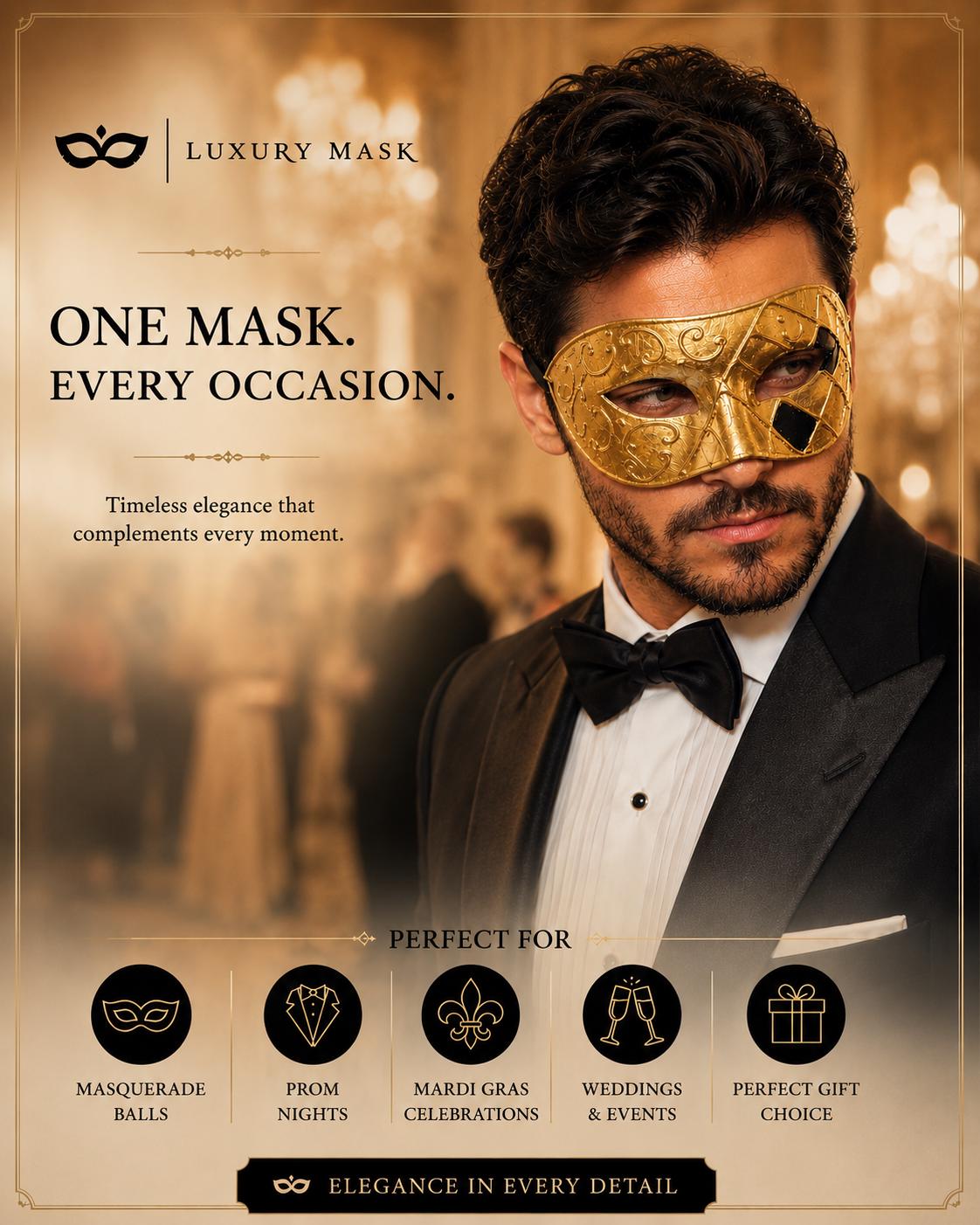 Gold masquerade mask for men product view 6
