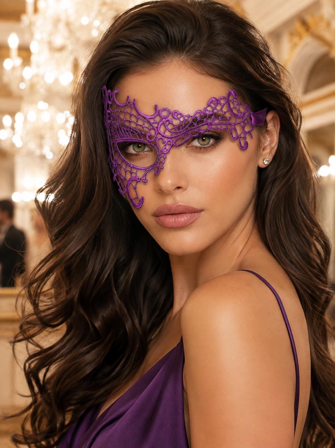 Purple lace masquerade mask for women product view 2