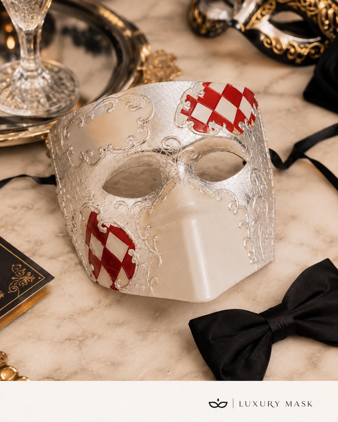 Silver White masquerade mask product view 5
