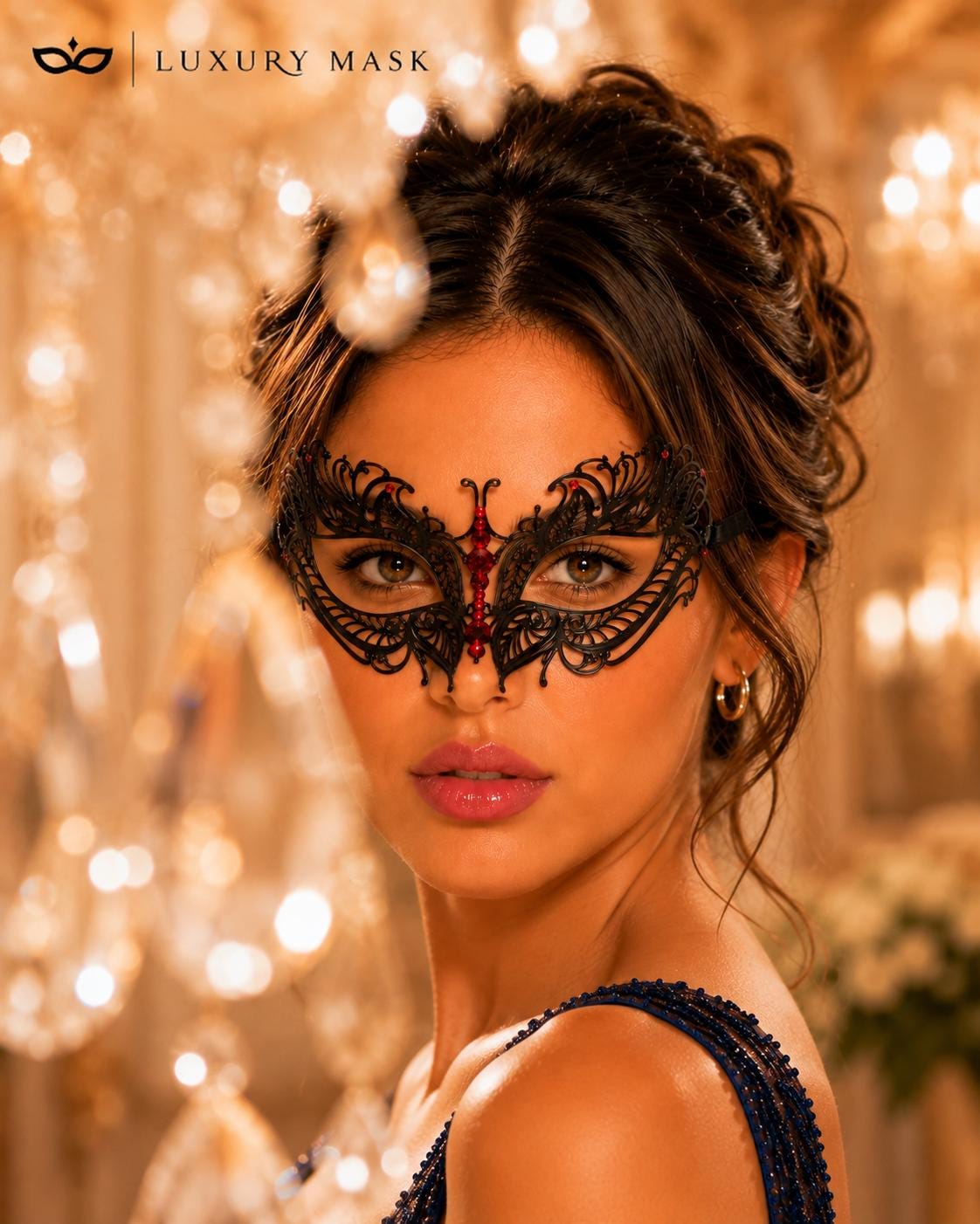 Black Red metal masquerade mask for women product view 3