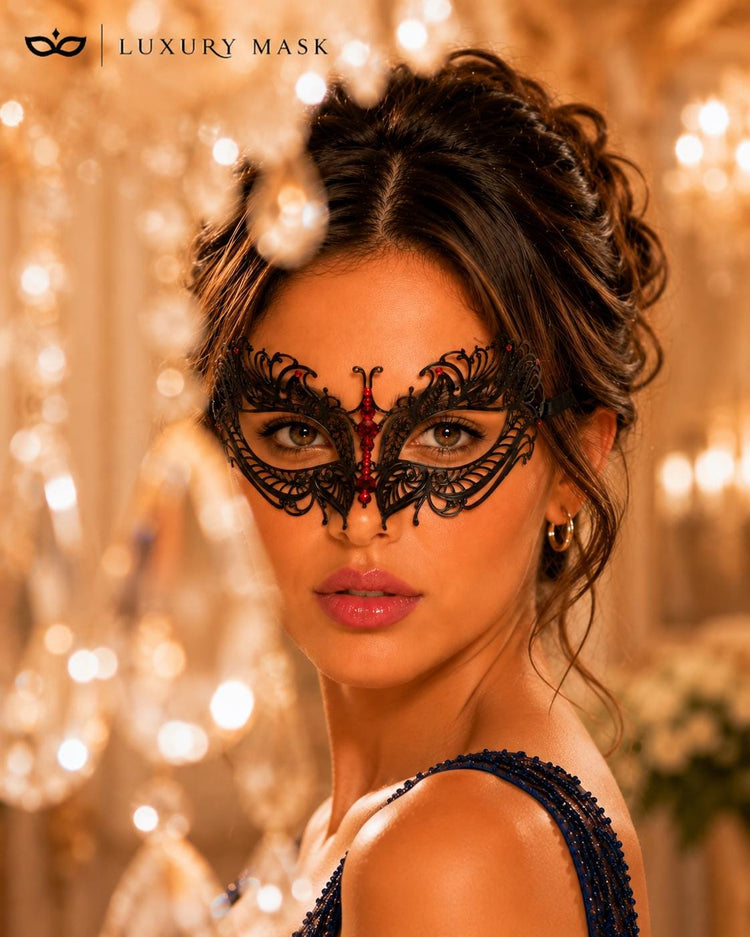 Black Red metal masquerade mask for women product view 3