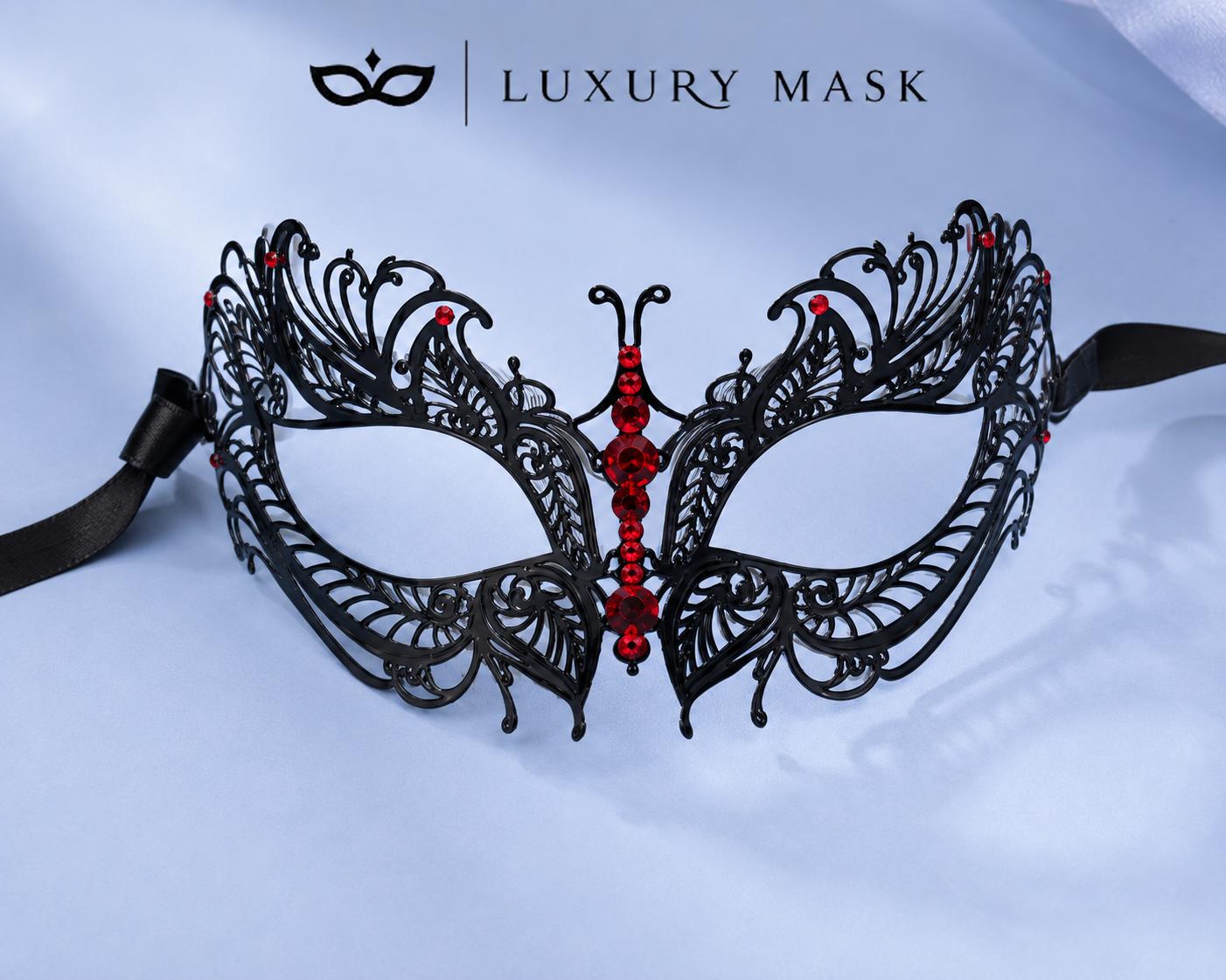 Black Red metal masquerade mask for women product view 5