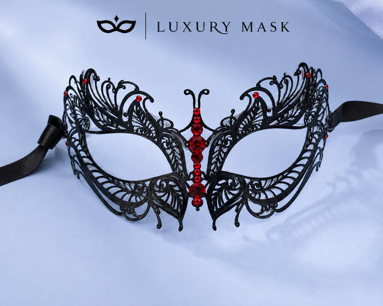 Black Red metal masquerade mask for women product view 5