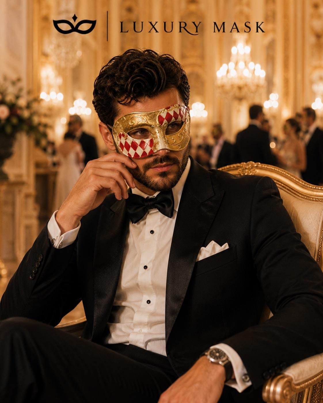 Red Gold Checkered Venetian Mask For Men
