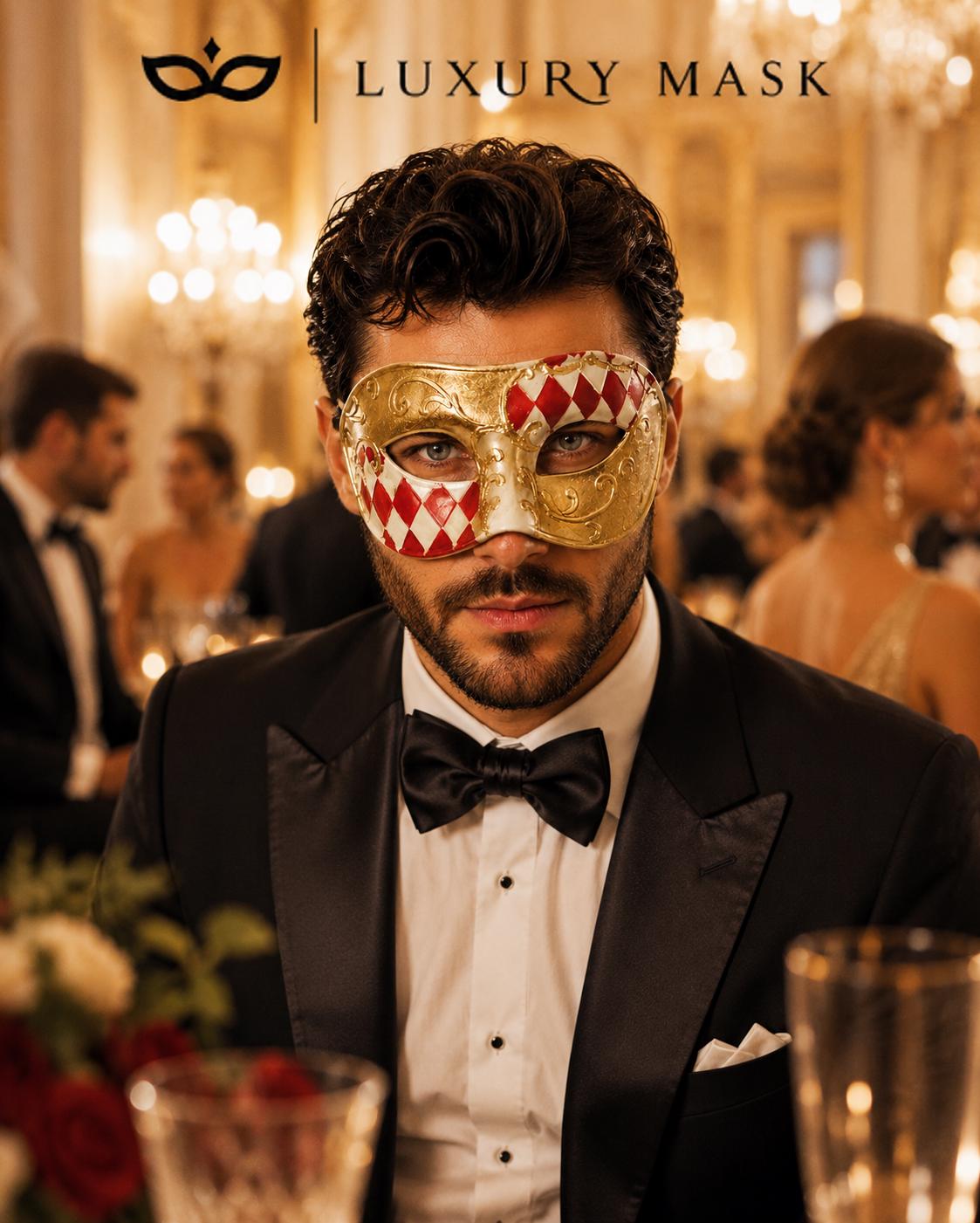 Red Gold Checkered Venetian Mask For Men