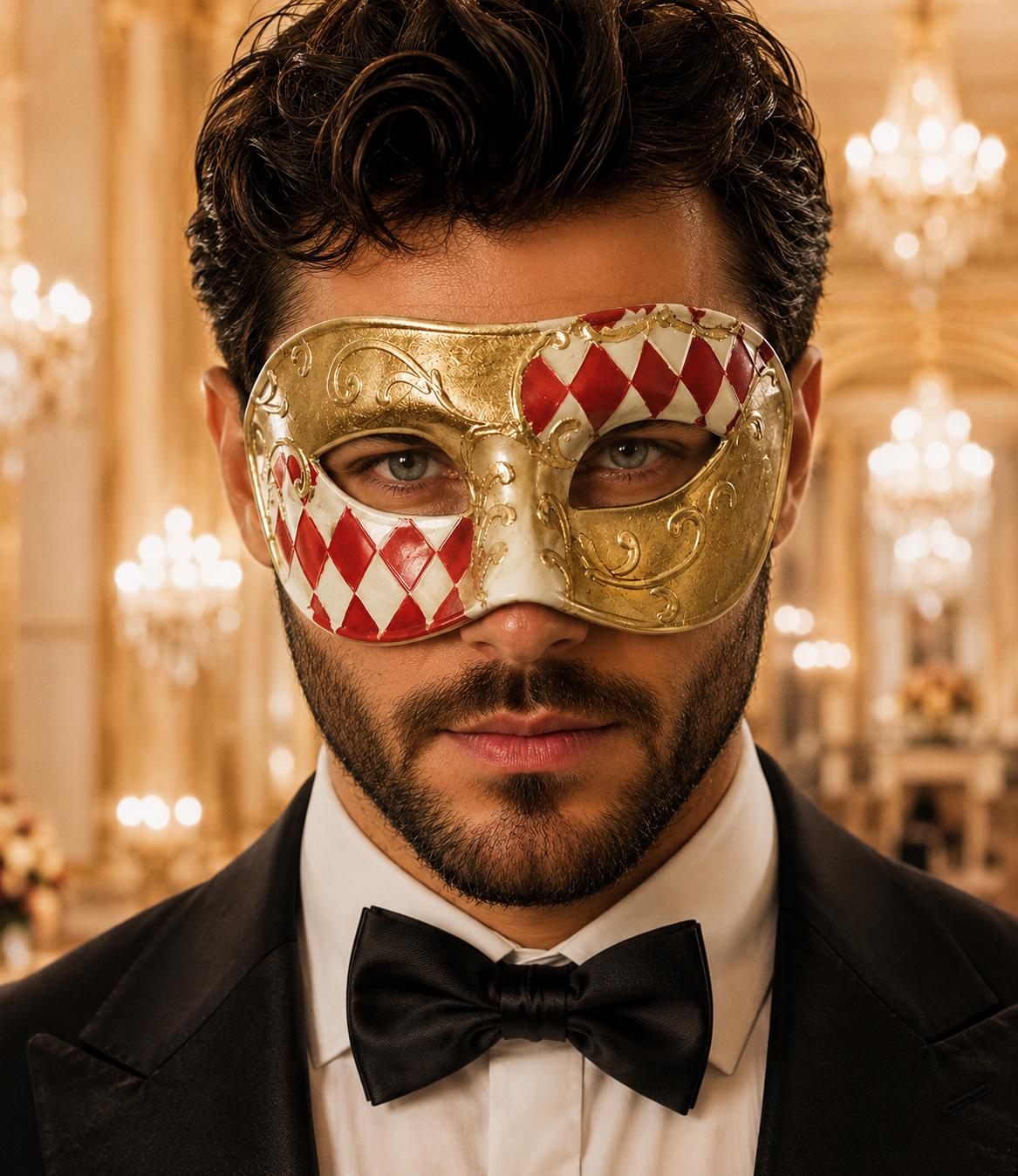 Red Gold Checkered Venetian Mask For Men