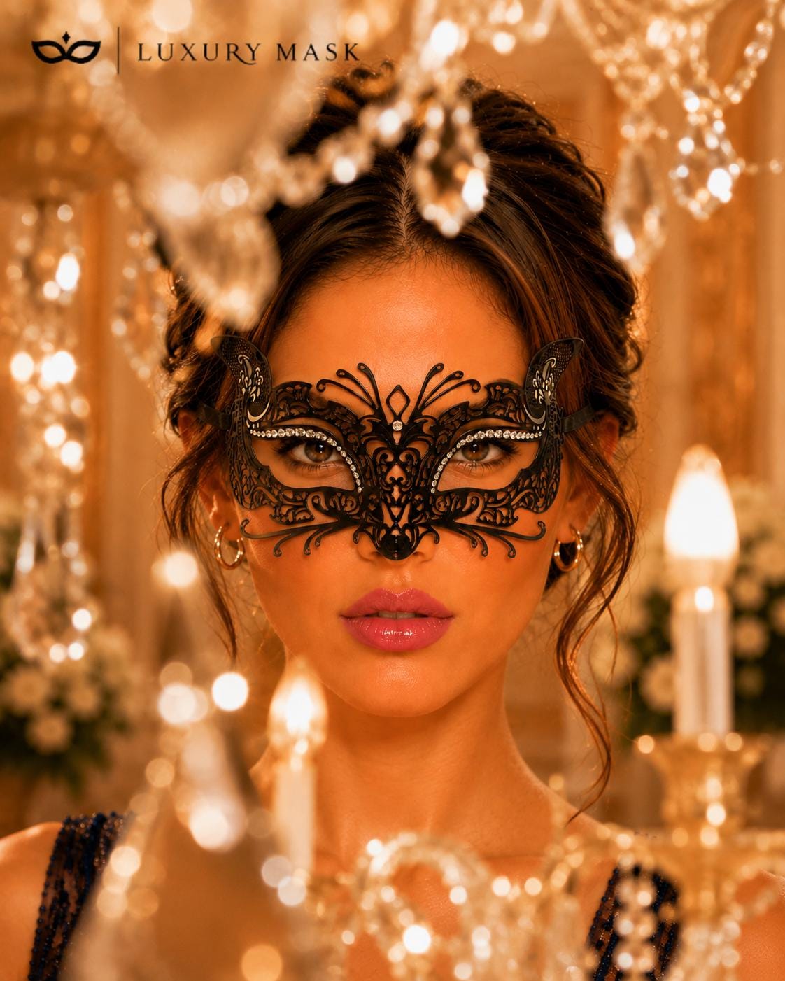 Black metal masquerade mask for women product view 3
