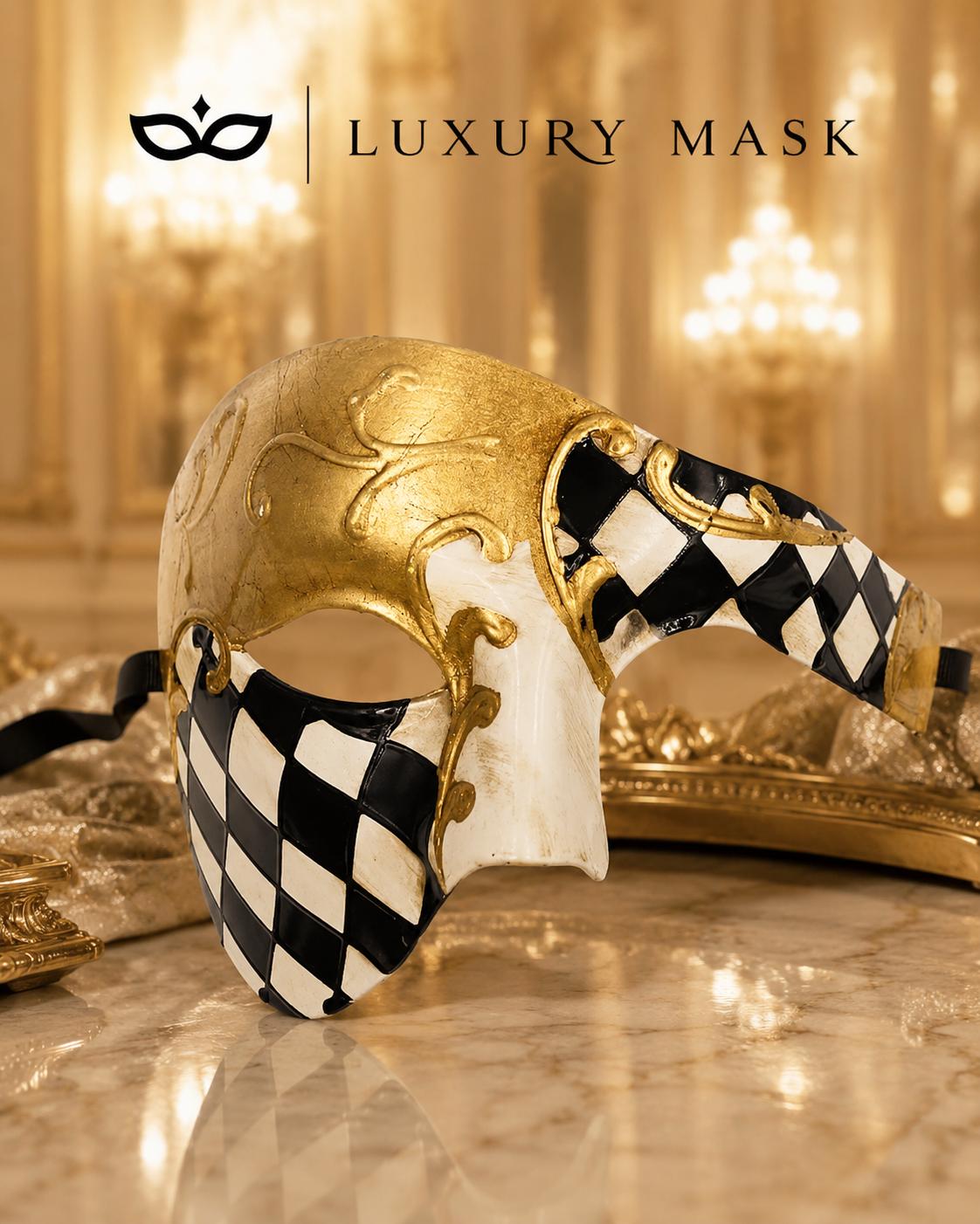 Black Gold Checkered Masquerade Mask for Men
