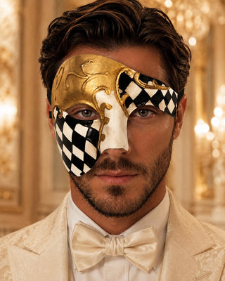 Black Gold Checkered Masquerade Mask for Men