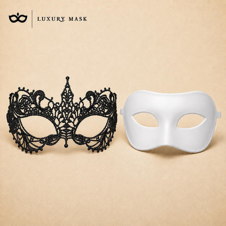 Black White lace masquerade mask couples set product view 4