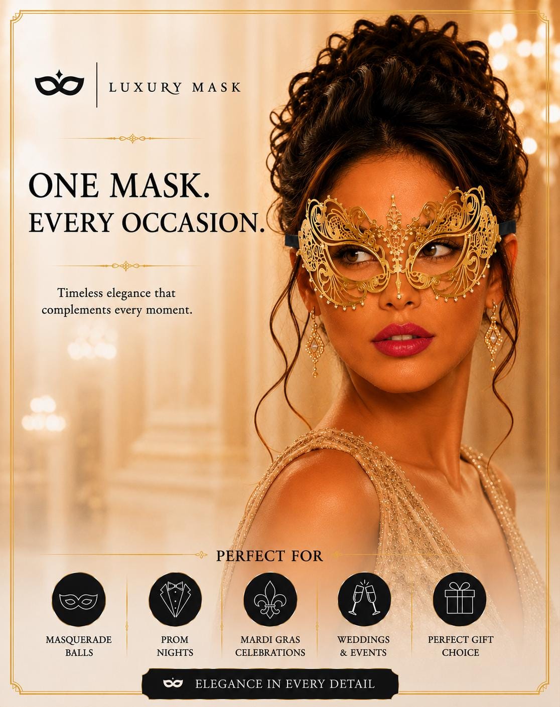 Gold metal masquerade mask product view 7