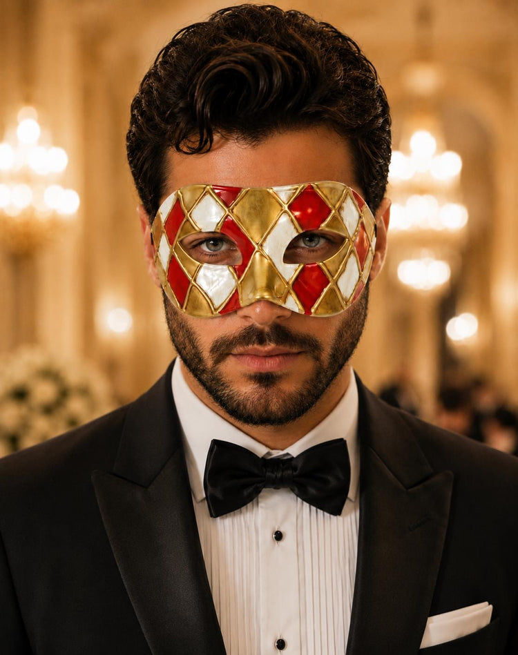 Red & Gold Checkered Venetian Masquerade Mask for Men