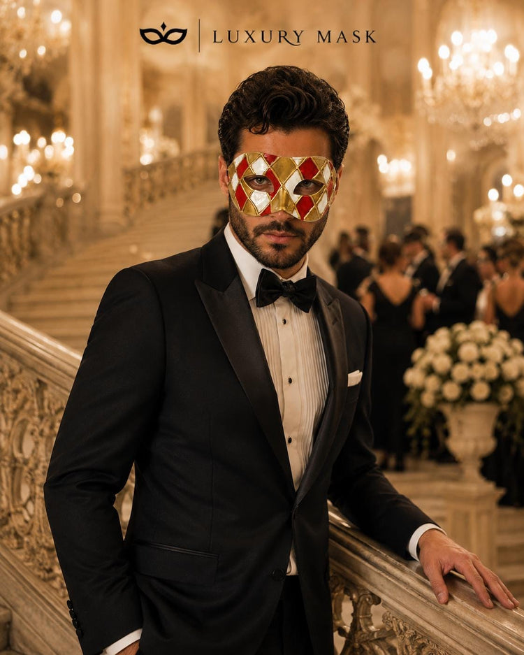 Red & Gold Checkered Venetian Masquerade Mask for Men
