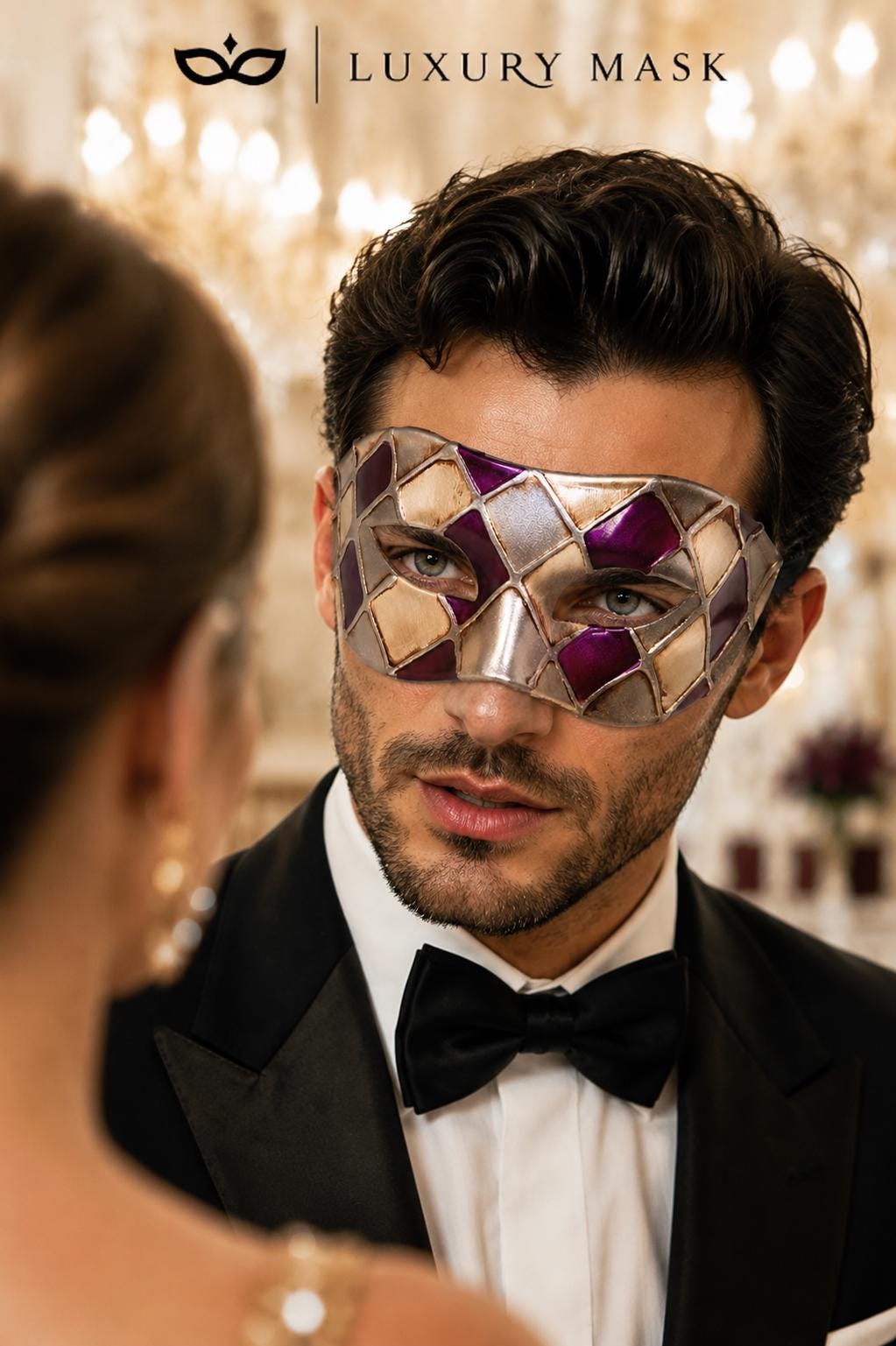 Purple & Silver Checkered Venetian Masquerade Mask for Men