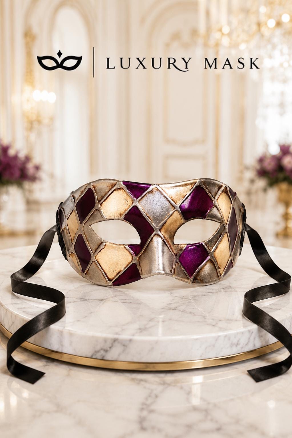 Purple & Silver Checkered Venetian Masquerade Mask for Men