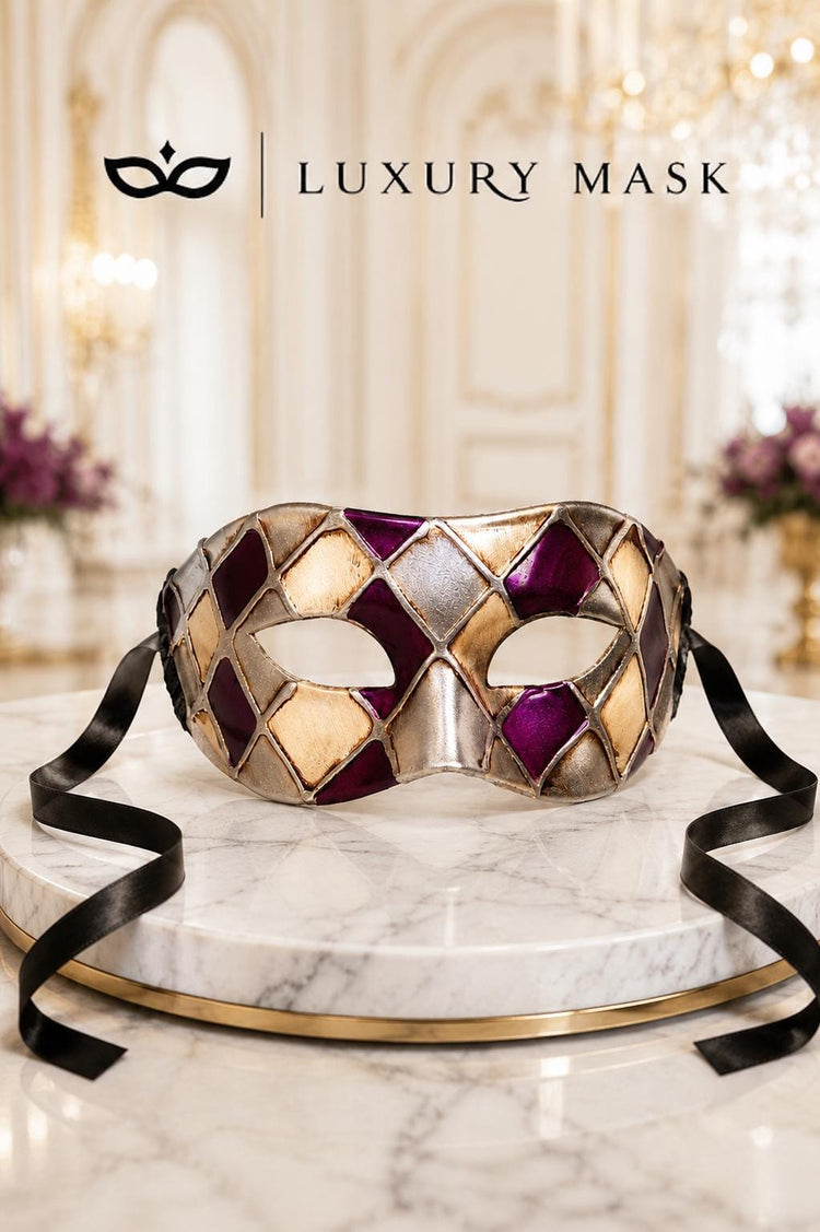 Purple & Silver Checkered Venetian Masquerade Mask for Men