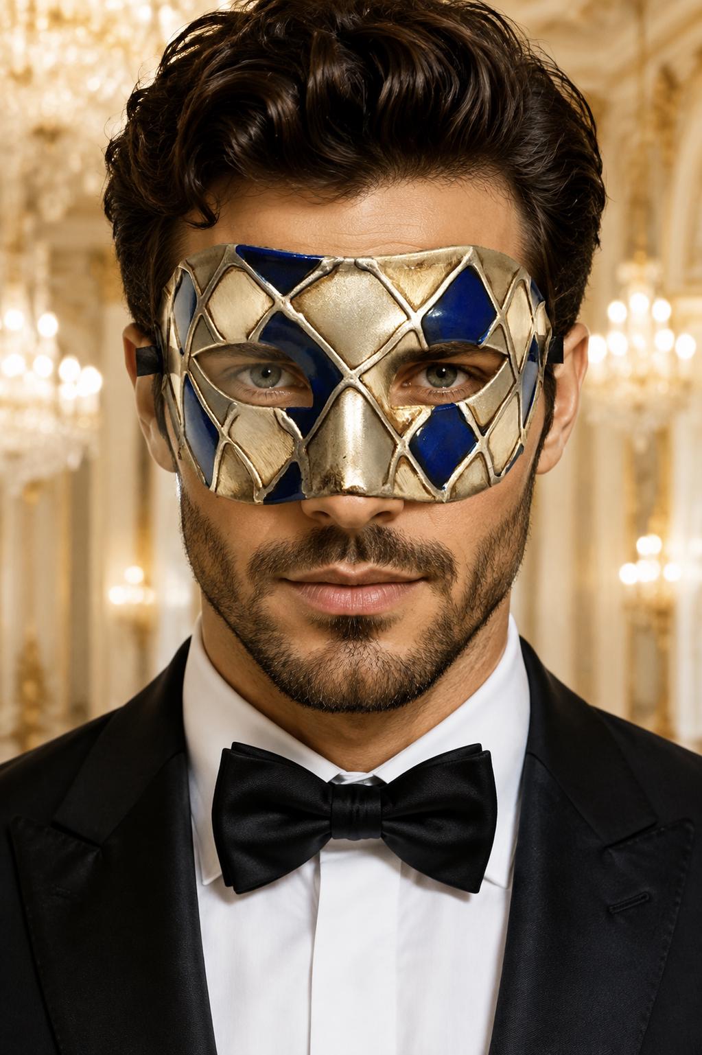 Blue & Silver Checkered Venetian Masquerade Mask for Men