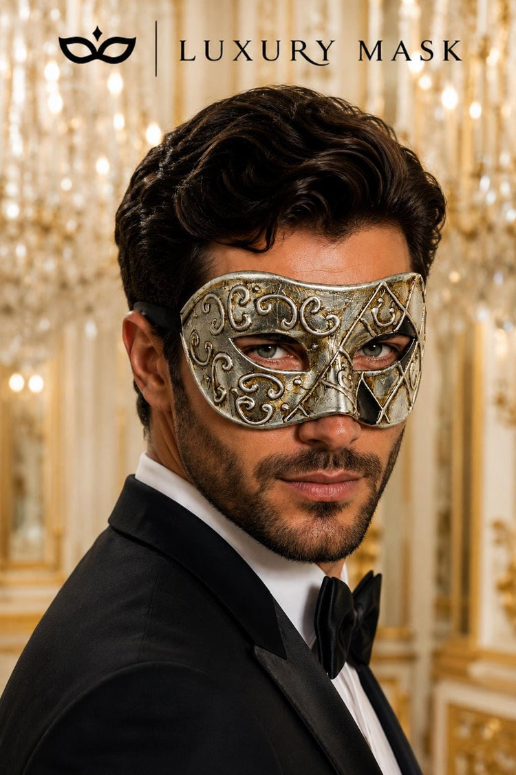 Antique Silver & Black Phantom Masquerade Mask for Men
