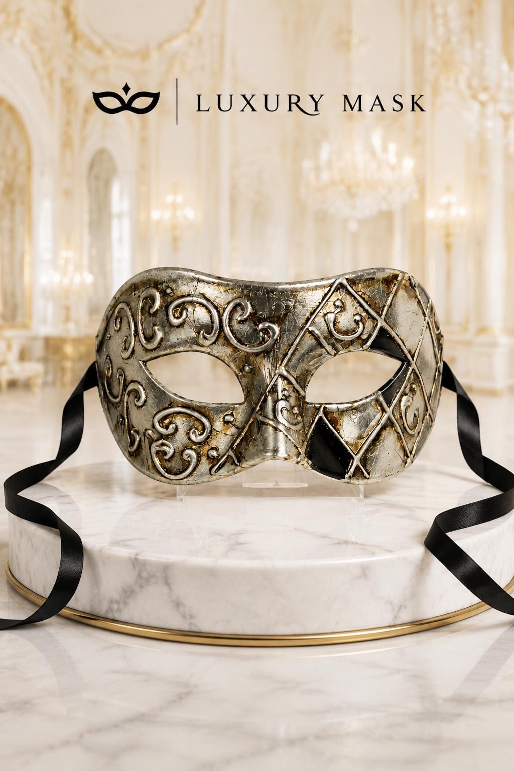 Antique Silver & Black Phantom Masquerade Mask for Men