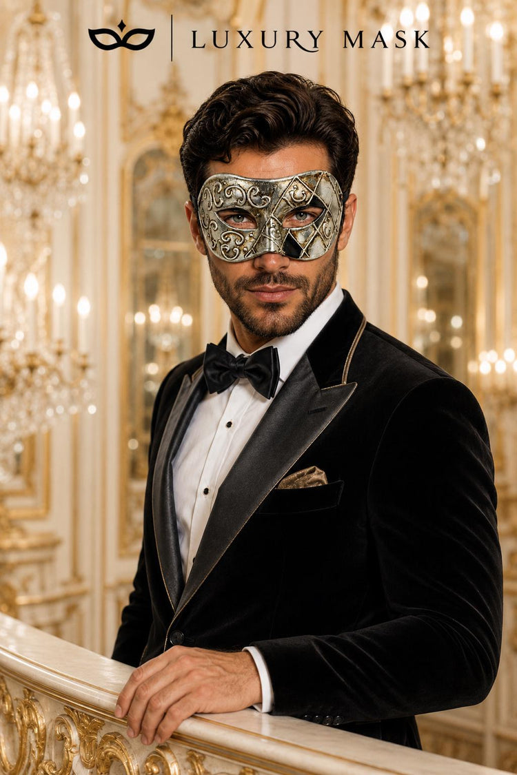 Antique Silver & Black Phantom Masquerade Mask for Men