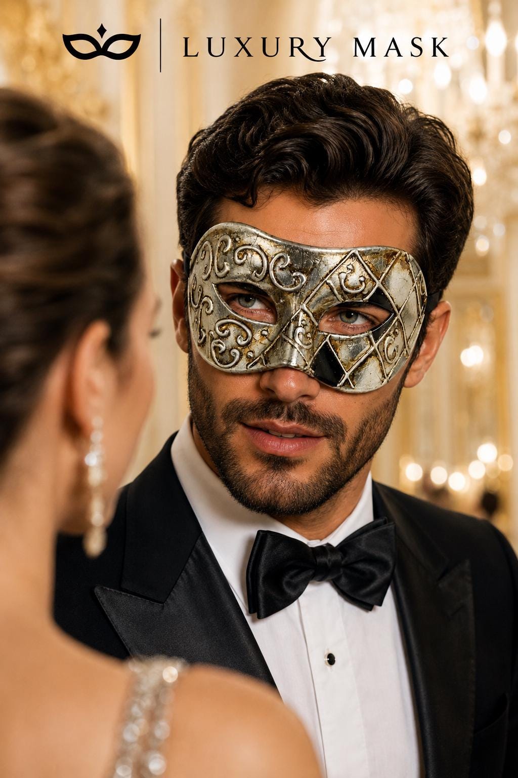 Antique Silver & Black Phantom Masquerade Mask for Men