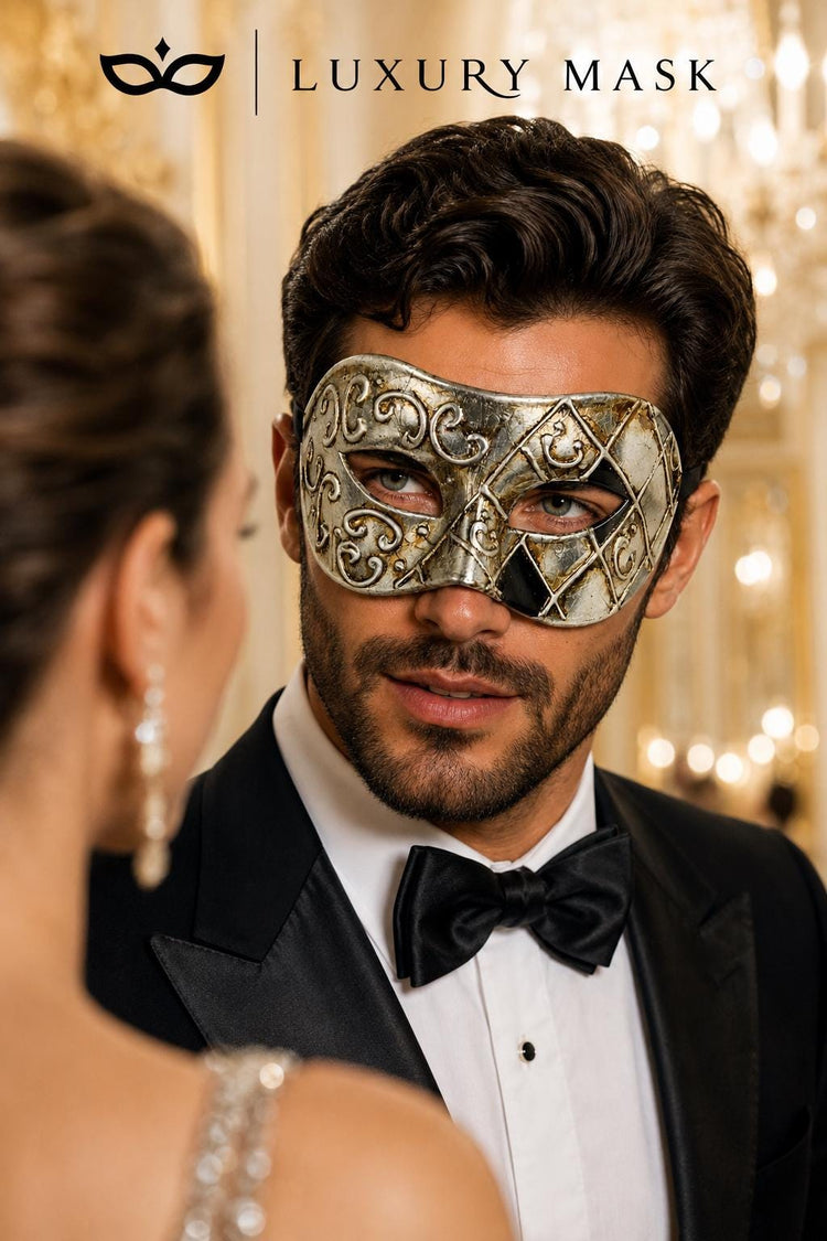 Antique Silver & Black Phantom Masquerade Mask for Men