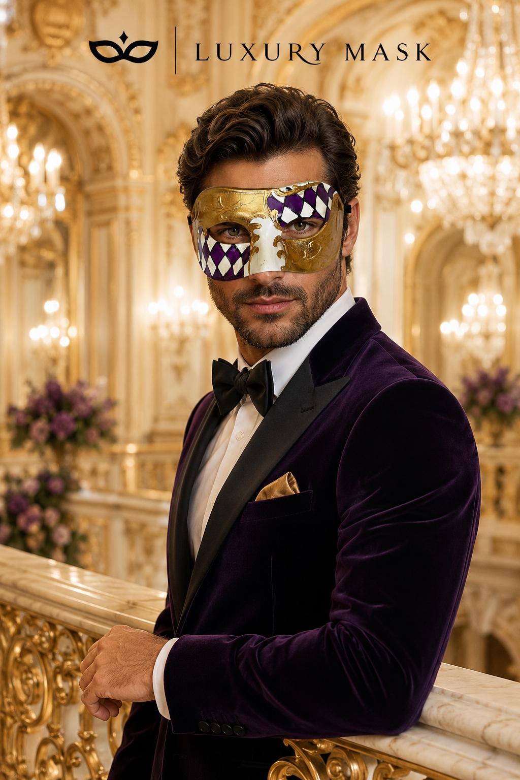 Purple & Gold Half Checkered Venetian Mask for Men