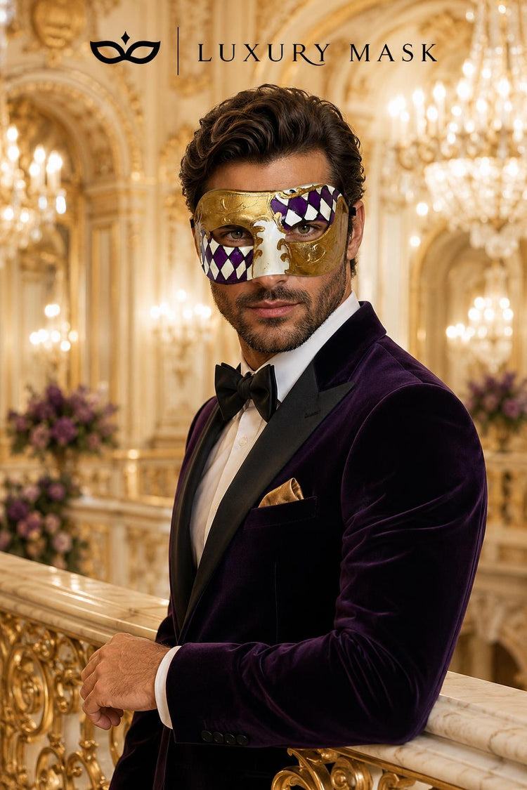 Purple & Gold Half Checkered Venetian Mask for Men