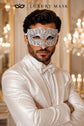 White Diamond Laser Cut Venetian Mask for Men with Clear Stones