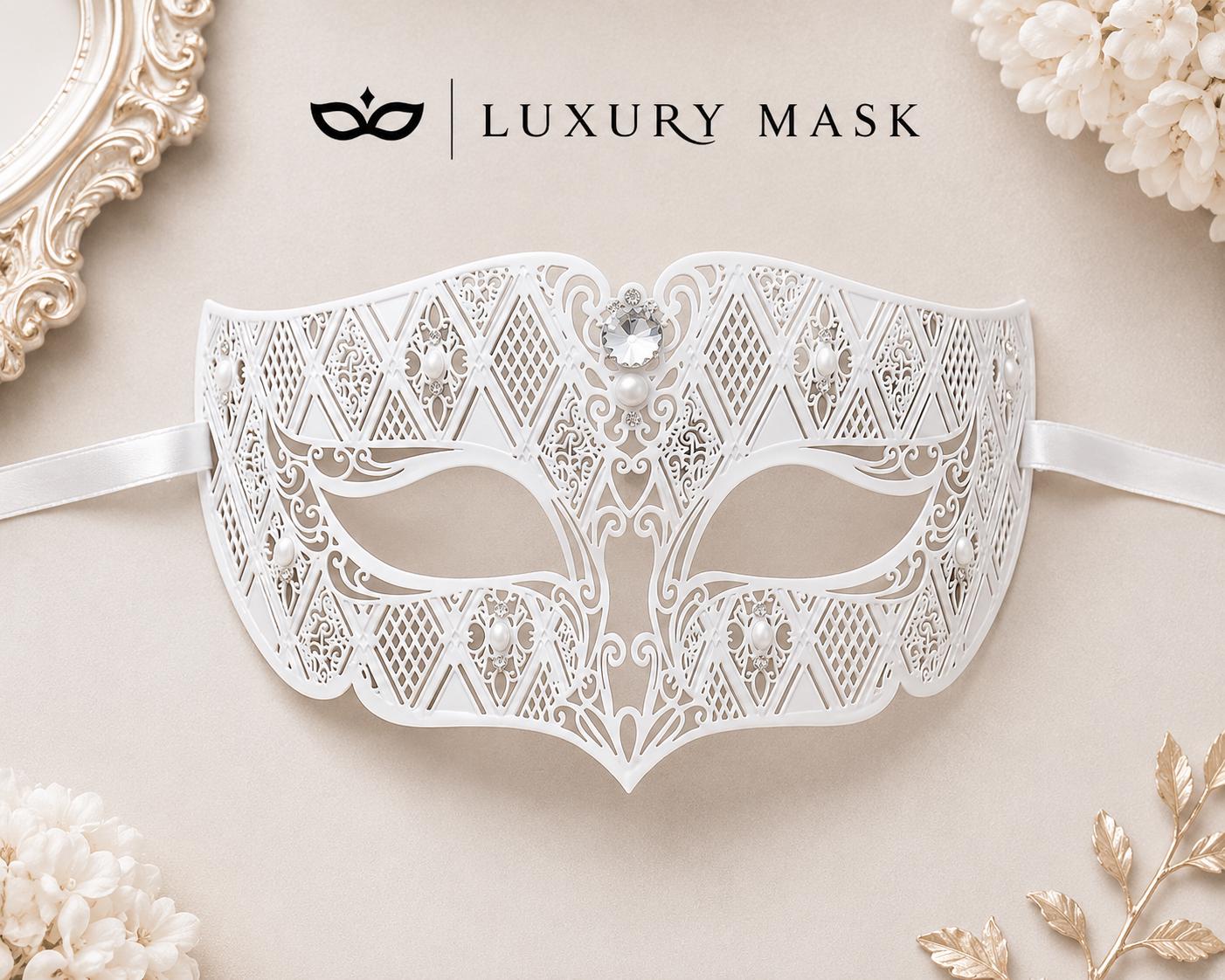 White Diamond Laser Cut Venetian Mask for Men with Clear Stones