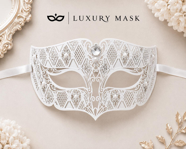White Diamond Laser Cut Venetian Mask for Men with Clear Stones