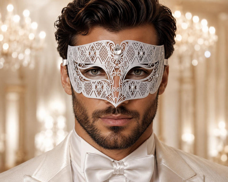 White Diamond Laser Cut Venetian Mask for Men with Clear Stones