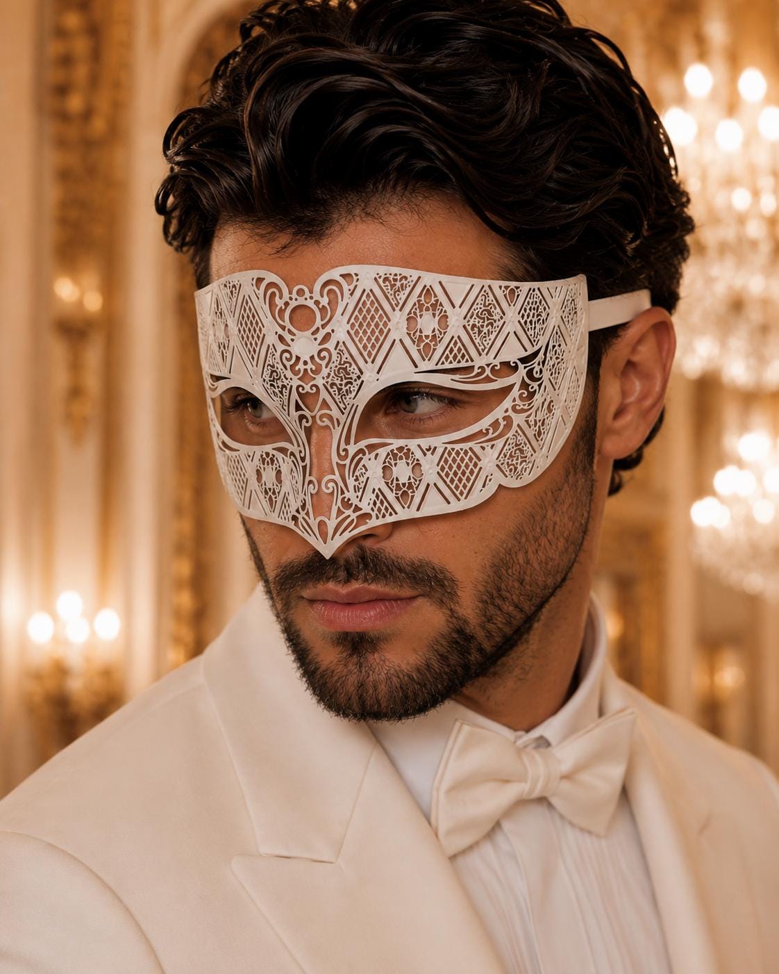 White Diamond Laser Cut Venetian Mask for Men