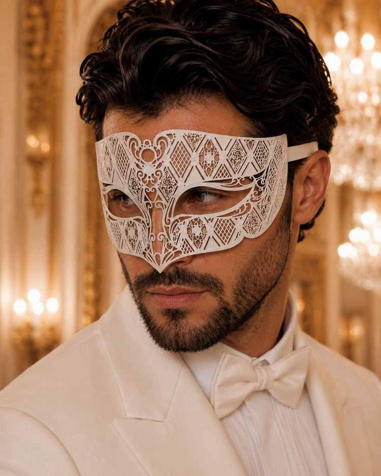 White Diamond Laser Cut Venetian Mask for Men