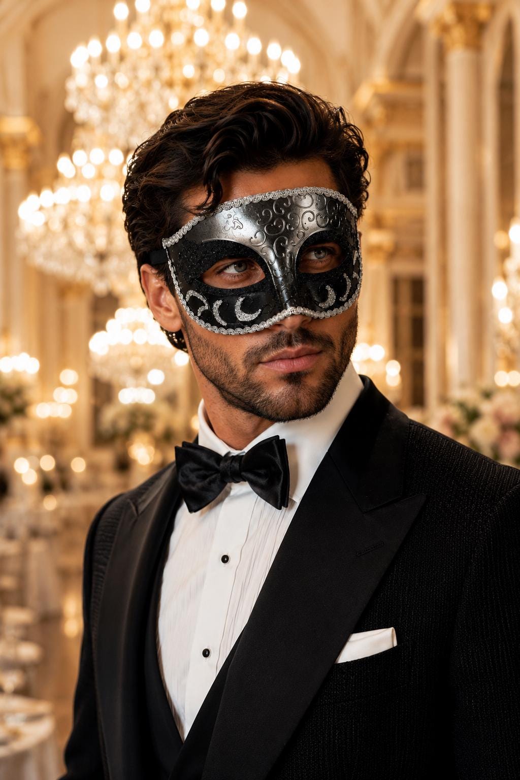 Black & Silver Glitter Venetian Mask for Men