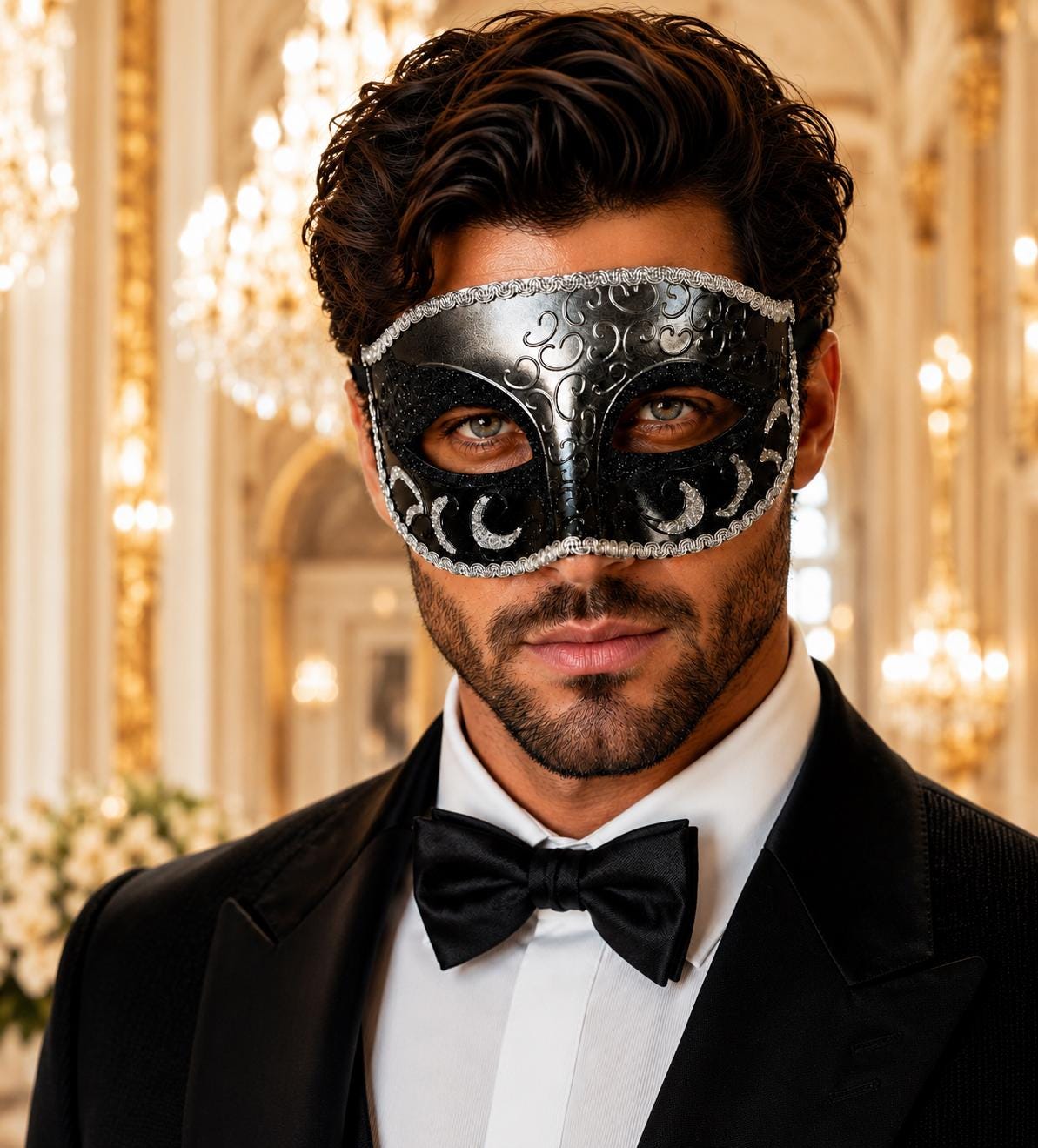 Black & Silver Glitter Venetian Mask for Men