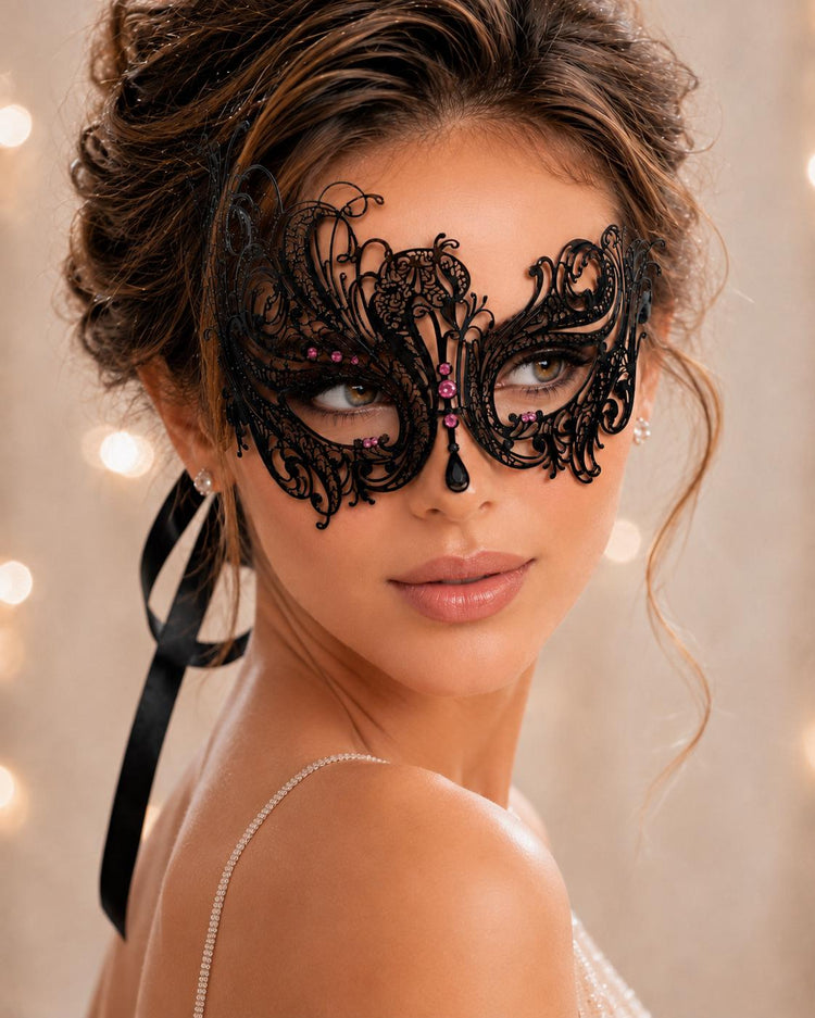 Black Pink metal masquerade mask for women product view 3