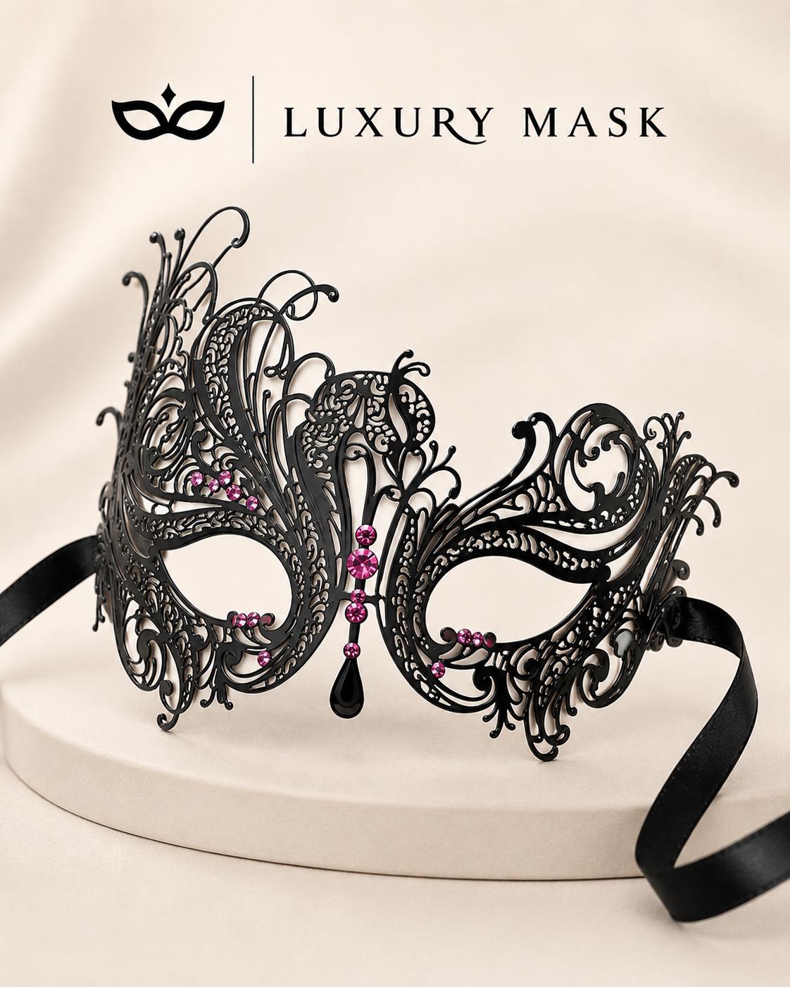 Black Pink metal masquerade mask for women product view 4