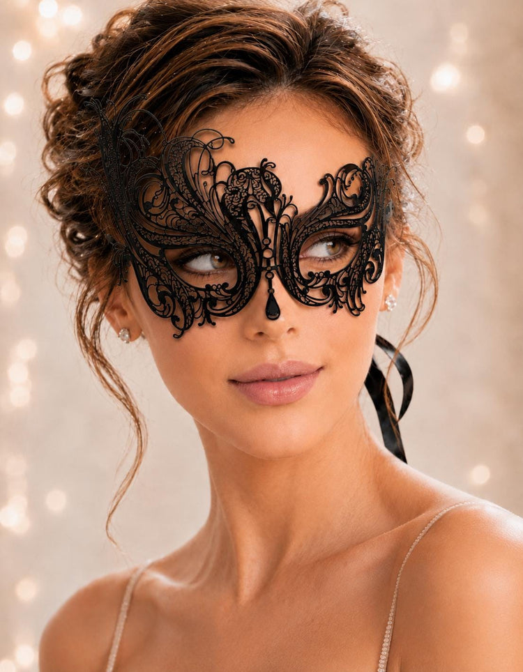 Black metal masquerade mask for women product view 3