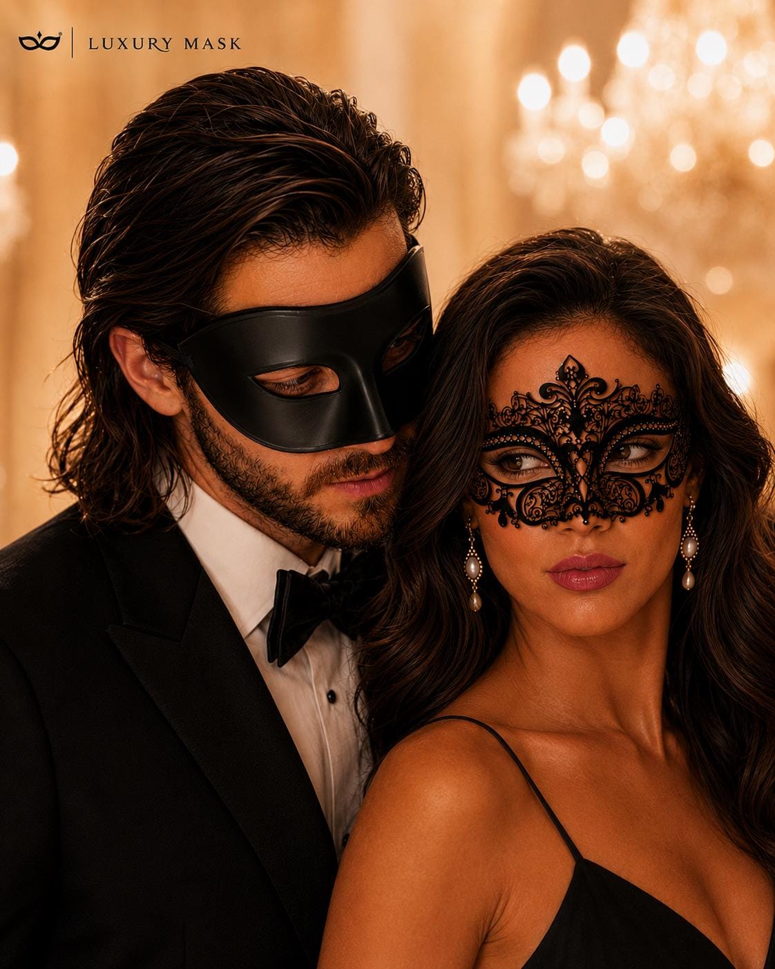 Black metal masquerade mask couples set product view 3