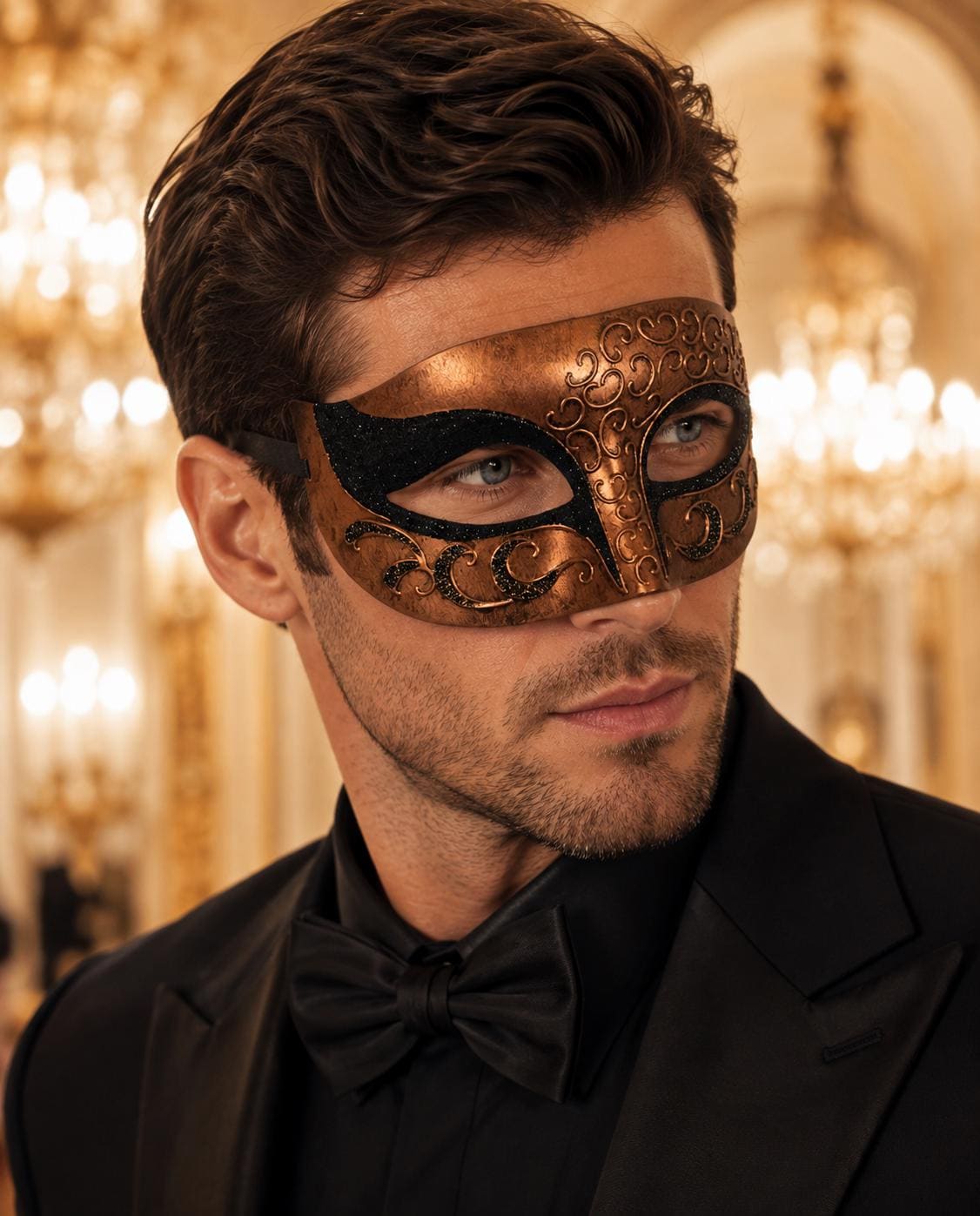 Antique Copper & Black Venetian Mask for Men with Gold Glitter