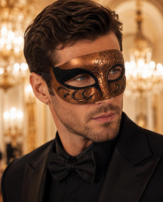 Antique Copper & Black Venetian Mask for Men with Gold Glitter