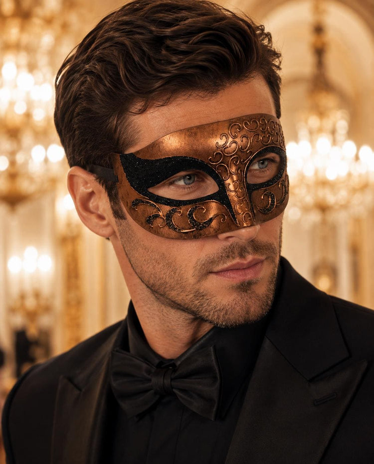 Antique Copper & Black Venetian Mask for Men with Gold Glitter