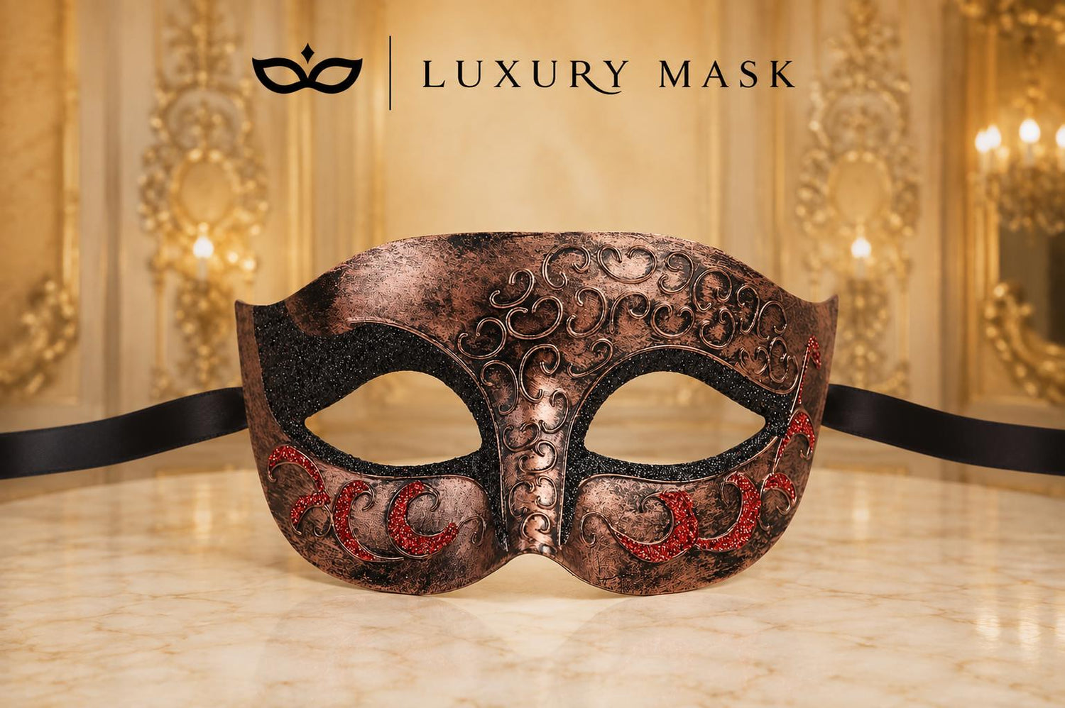 Antique Copper & Black Venetian Mask for Men with Red Glitter