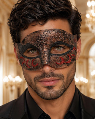 Antique Copper & Black Venetian Mask for Men with Red Glitter