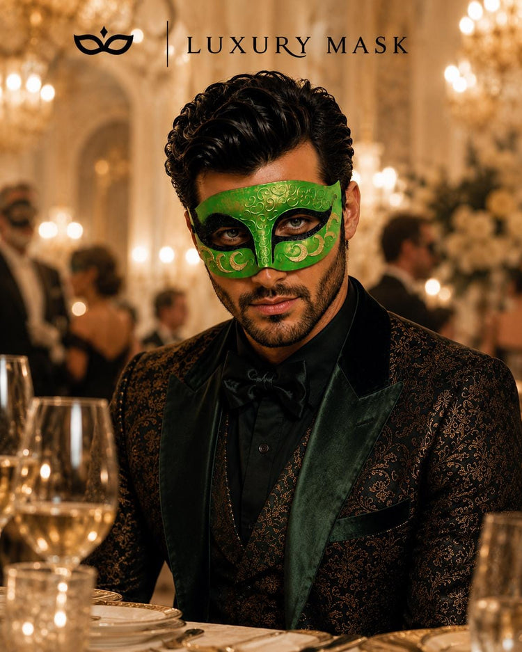 Antique Green & Black Venetian Mask for Men with Gold Glitter