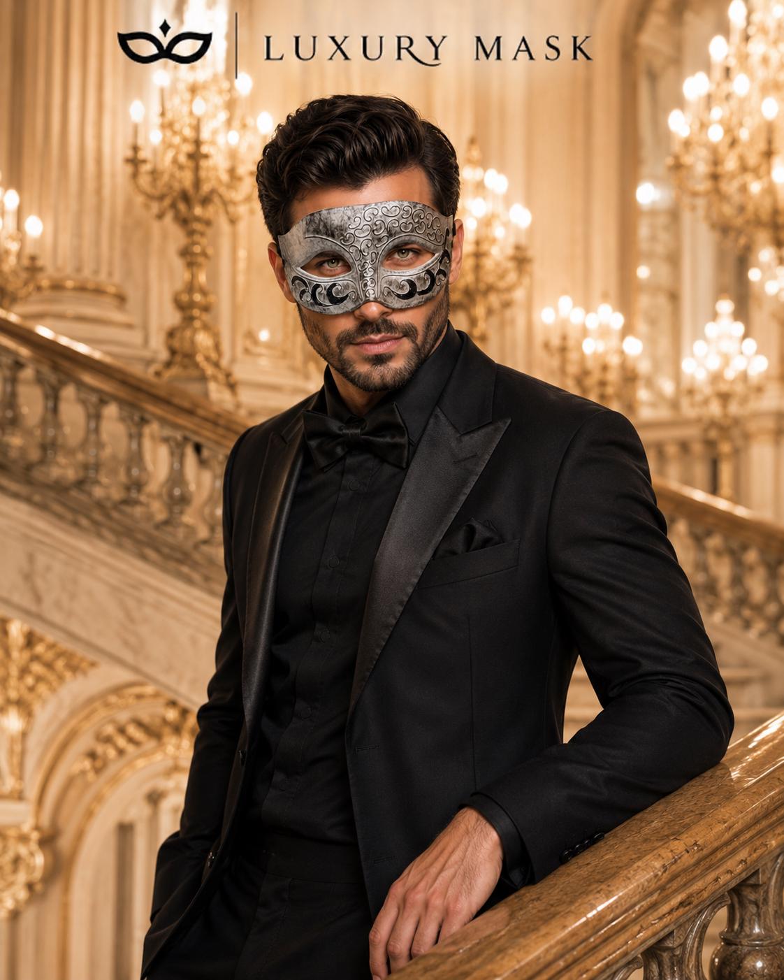 Antique White & Black Venetian Masquerade Mask for Men