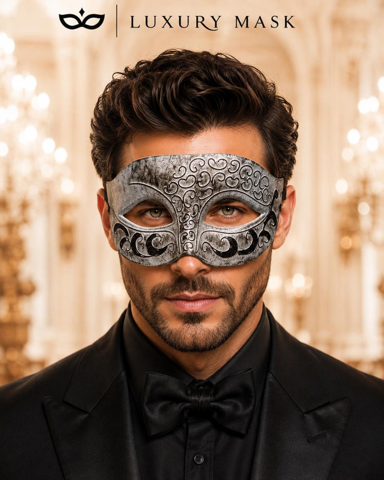 Antique White & Black Venetian Masquerade Mask for Men
