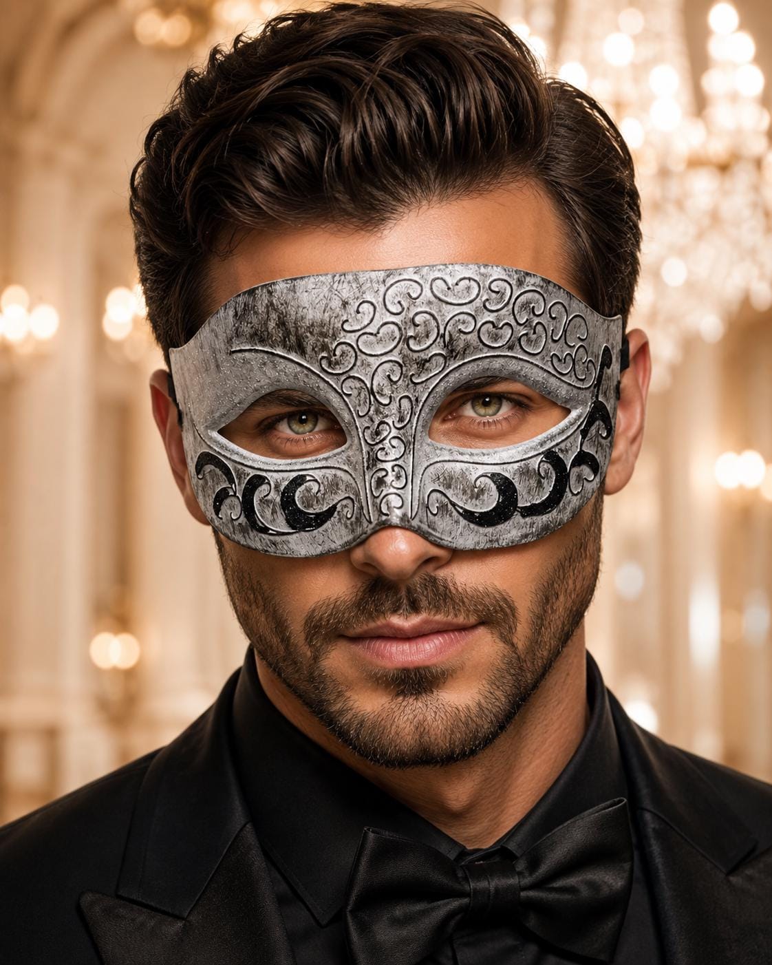 Antique White & Black Venetian Masquerade Mask for Men