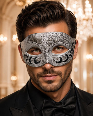 Antique White & Black Venetian Masquerade Mask for Men